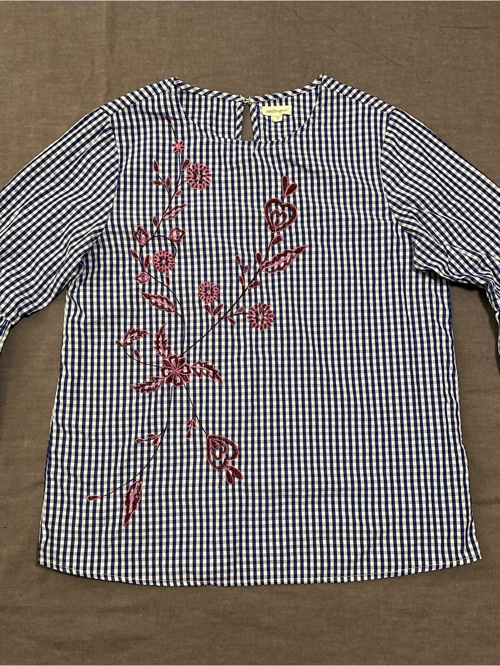 Jennifer & Grace Navy Gingham Blouse with Pink Floral Embroidery